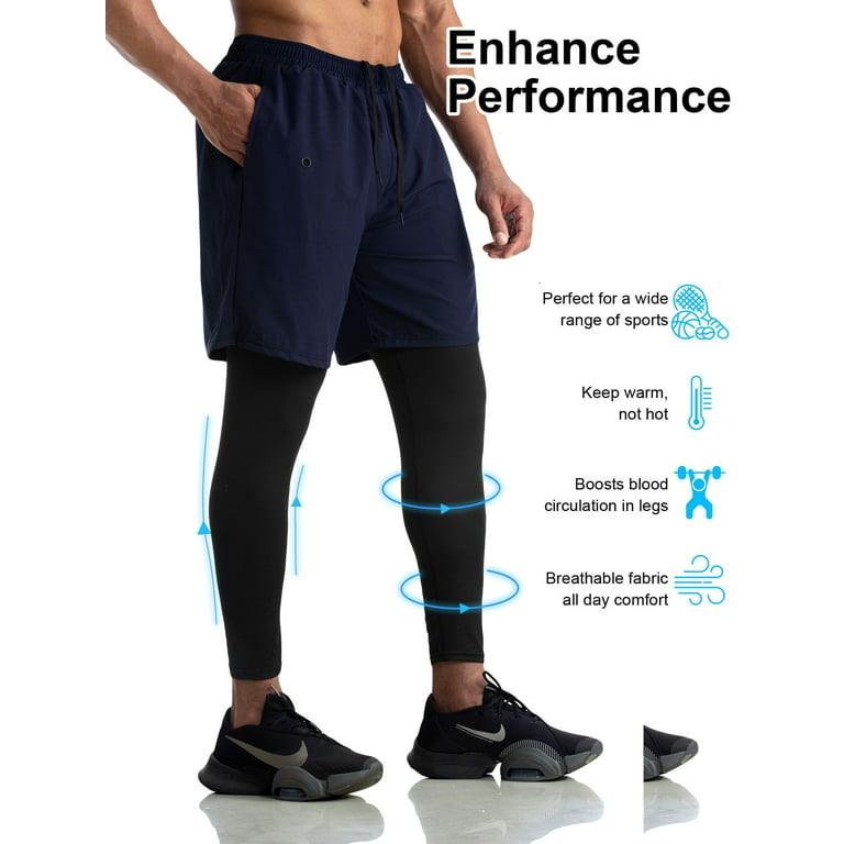 Spencer Men's 2 in 1 Running Pants Quick Dry Compression Tights Pants Gym  Athletic Workout Legging with Phone Pocket, Navy