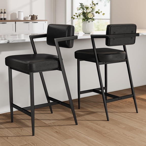 Bar Stools Set of 2 w/Backrest, 27" Counter Height Bar Stool with Armrest & Footrest, Tall Bar Chairs Thick Cushion & Thickened Metal Legs, for Island, Counter Bar, Kitchen,Rustic Black