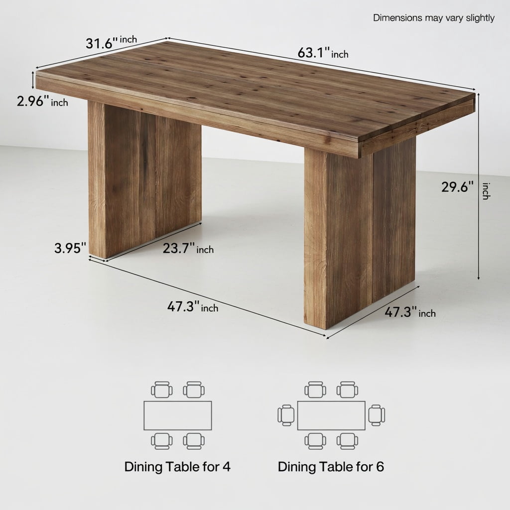 Hommoo 63 Inch Solid Wood Farmhouse Dining Table, Rustic Rectangle Kitchen Table for 4-6 People, Sturdy Double-Leg Design, Easy Assembly, Brown