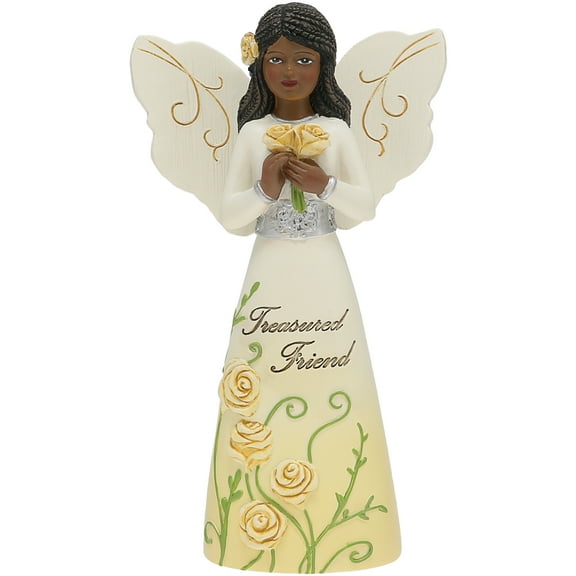 Pavilion - Treasured Friend - 5" Ebony African American Angel Figurine Floral Spring Home Decor Bestie BFF Best Friend Present