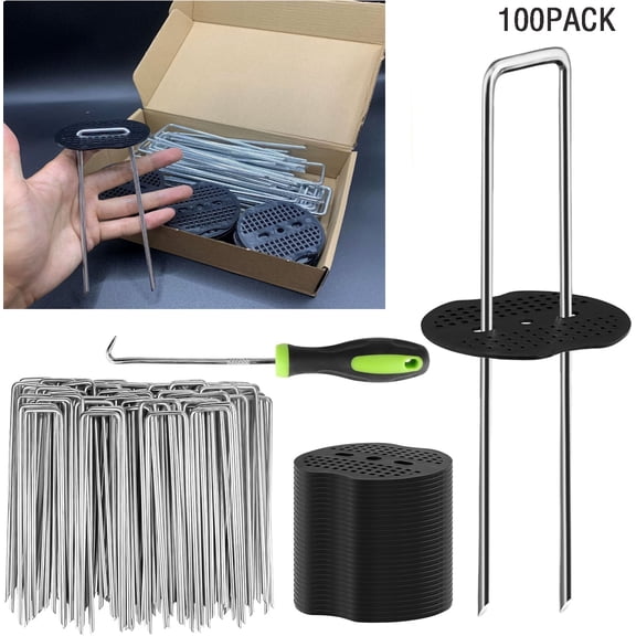 6 Inch 100pcs Galvanized Landscape Staples 100pcs Gaskets 1Pick Hook,Tent Stakes Landscaping Fabric SOD Pins for Decoration Weed Barrier Fabric