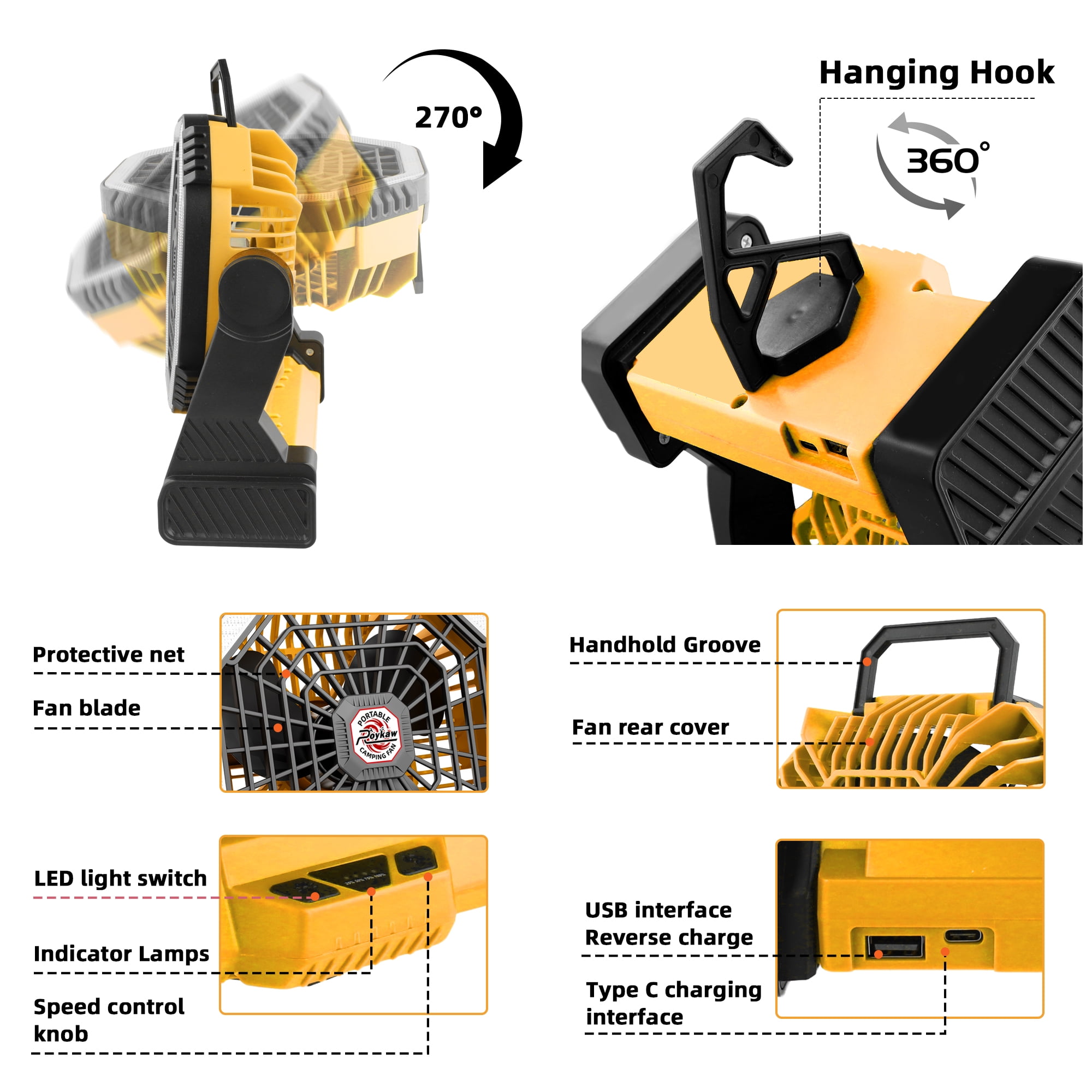 Roykaw Portable Fan for Travel, 10400 mAH Rechargeable Camping Fan, Cordless Battery Powered Fan with Led Light, Battery Fan with Handle, for Tent, Fishing, Hurricane Fan for Bedroom, Yellow