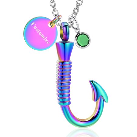 Fishing Hook Urn Necklace for Ashes with 12 Birthstones Fish Hook Stainless Steel Urn Cremation Jewelry Ash Keepsake Memorial Pendant for Women Men