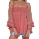 thumbnail image 1 of Top con hombros descubiertos para mujer, mangas 3/4 acampanadas, corte holgado, forro elástico en el interior, blusa de verano, rojo, naranja, S, 1 of 8