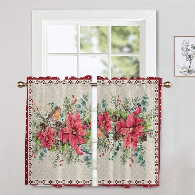 Innerwin Rideaux de Cuisine de Noël Poche de Tringle Panneaux Courts 1/2 Pcs Demi-Rideau Occultant Imprimé Floral de Luxe Bonhomme de Neige Imprimé B 2 Pcs-Tier Rideau : L:27.5 Pieds'x H:36 Pieds'