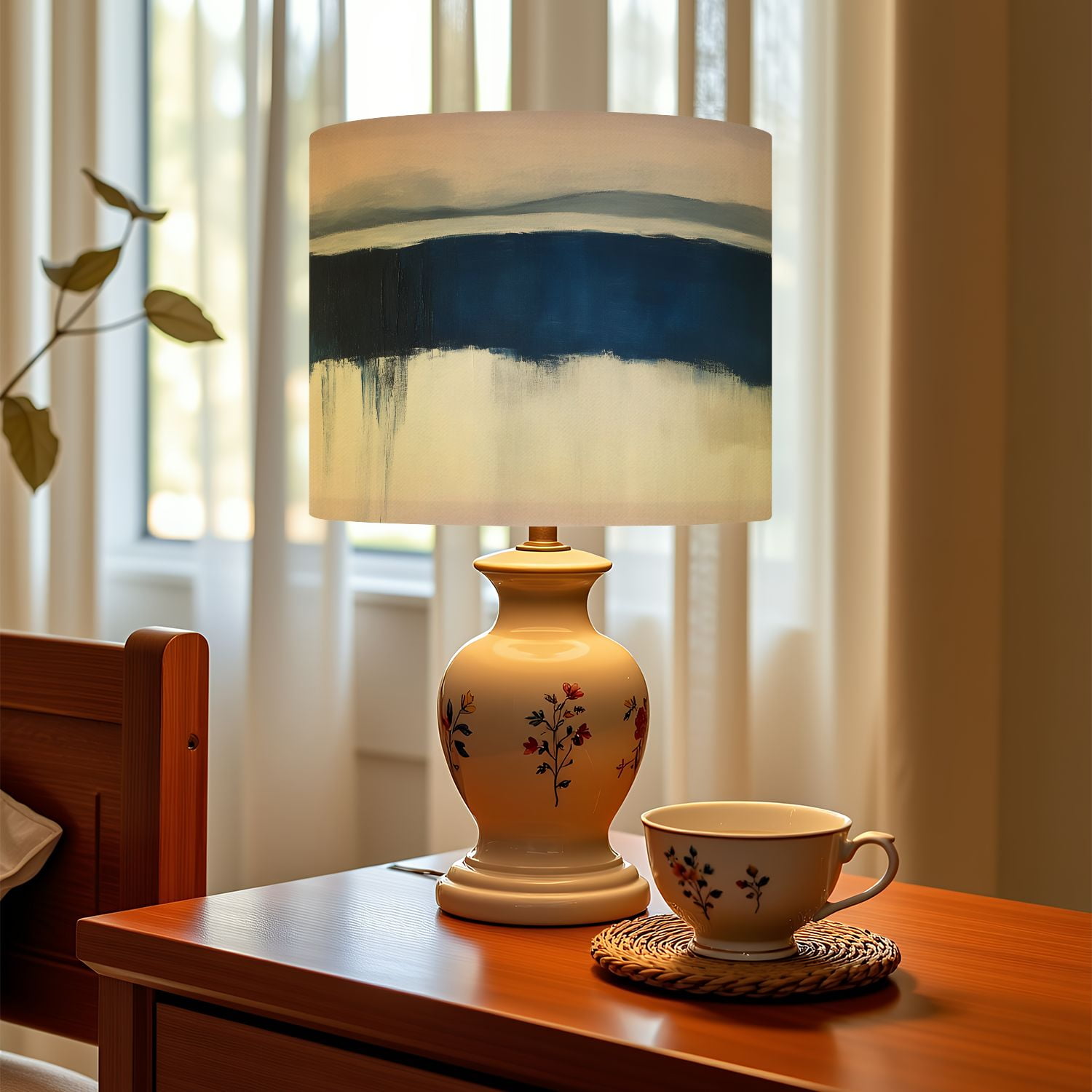 Linen Drum Lampshades Abstract Modern Blue Seascape Ocean Theme Blue Ocean Waves Misty 13"x13"x10" Light Shade for Table Lamps Drum Lamp Shades Lampshade Replacement Assembly Required