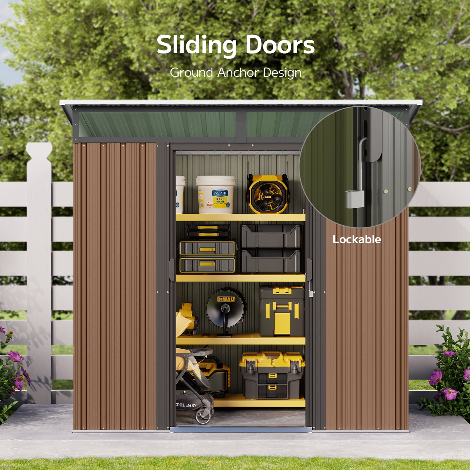 Lockable Double Door Metal Tool Shed, Asofer Brown Outdoor Storage Cabinet with Transparent Light Window for Patio Lawn