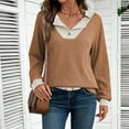 thumbnail image 2 of Womens Long Sleeve Shirts Fall Fashion 2026 Patchwork Button Up V Neck Sweatshirt Casual Pullover Tops (XL, Coffee), 2 of 6