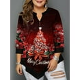 thumbnail image 3 of Women's Plus Size Floral Pleated Tops V Neck Christmas Button Tunic Blouse, 3 of 4