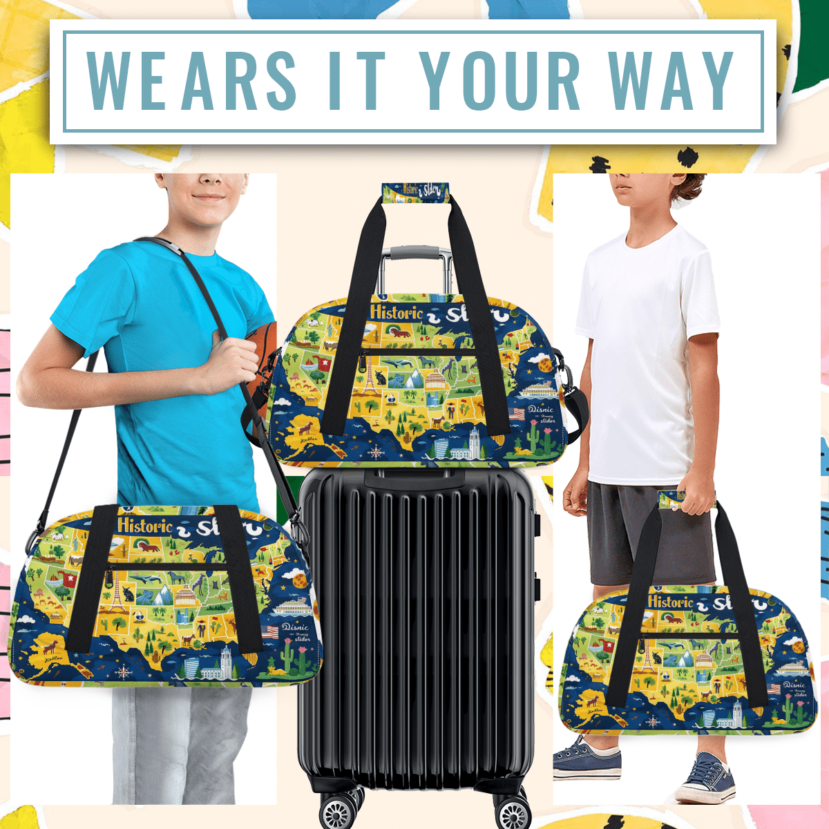 Herdesigns Map of The United States Sports Duffle Bag for Women & Men, Animals Theme Gym Bag Dance Bag Overnight Bag Carry On Weekender Travel Bag