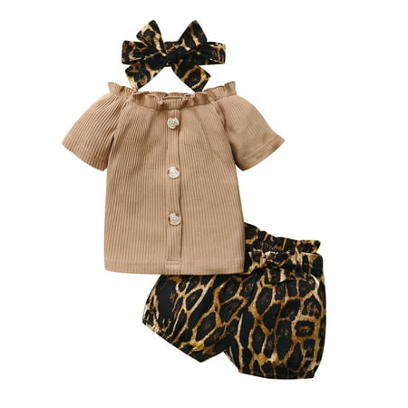 

OVTICZA Infant Baby Toddler Girls 3 Piece Bow T Shirts and Shorts Set Clothing Set Short Sleeve Outfit Summer Leopard with Headband Khaki 90