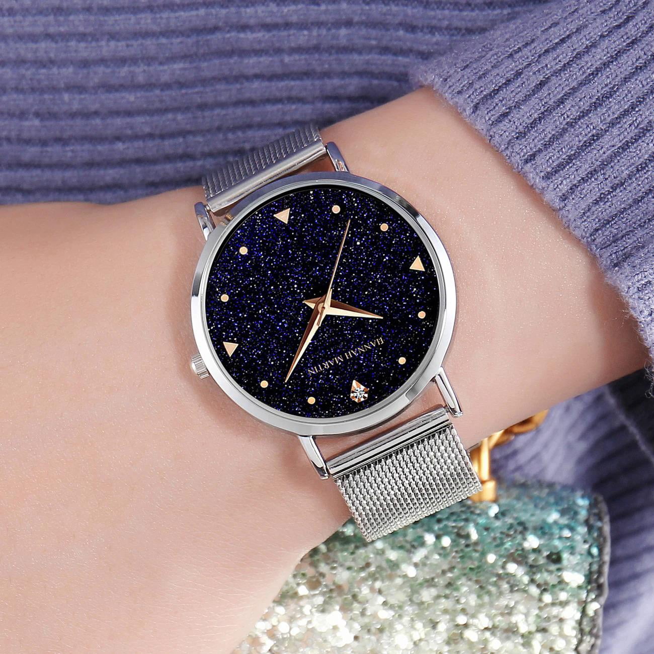 Hannah Martin Ladies Watch Japan Quartz Movement Stainless Steel Mesh Band Wristwatches Flash Night Stars Face Watches For Women