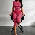 thumbnail image 2 of Comdrip Women's Striped Two Piece Loungewear Set Cropped Top And High Waist Leggings Casual Outfit Hot Pink L, 2 of 4