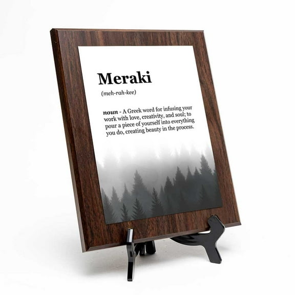 Meraki Definition, Wooden Frame 8x10 Decorative Wall Plaque With Easel Acrylic Stand | Elegant Forest Design | Inspirational Typographic Decoration
