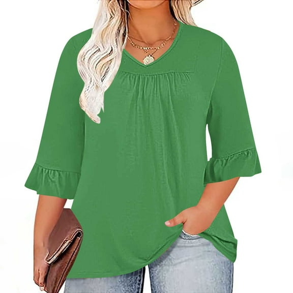 Plus Size Tops Cotton 3/4 Ruffled Sleeve V-neck Pleated Casual Loose Fitting Shirt Womens Tops Clearance Green 4XL