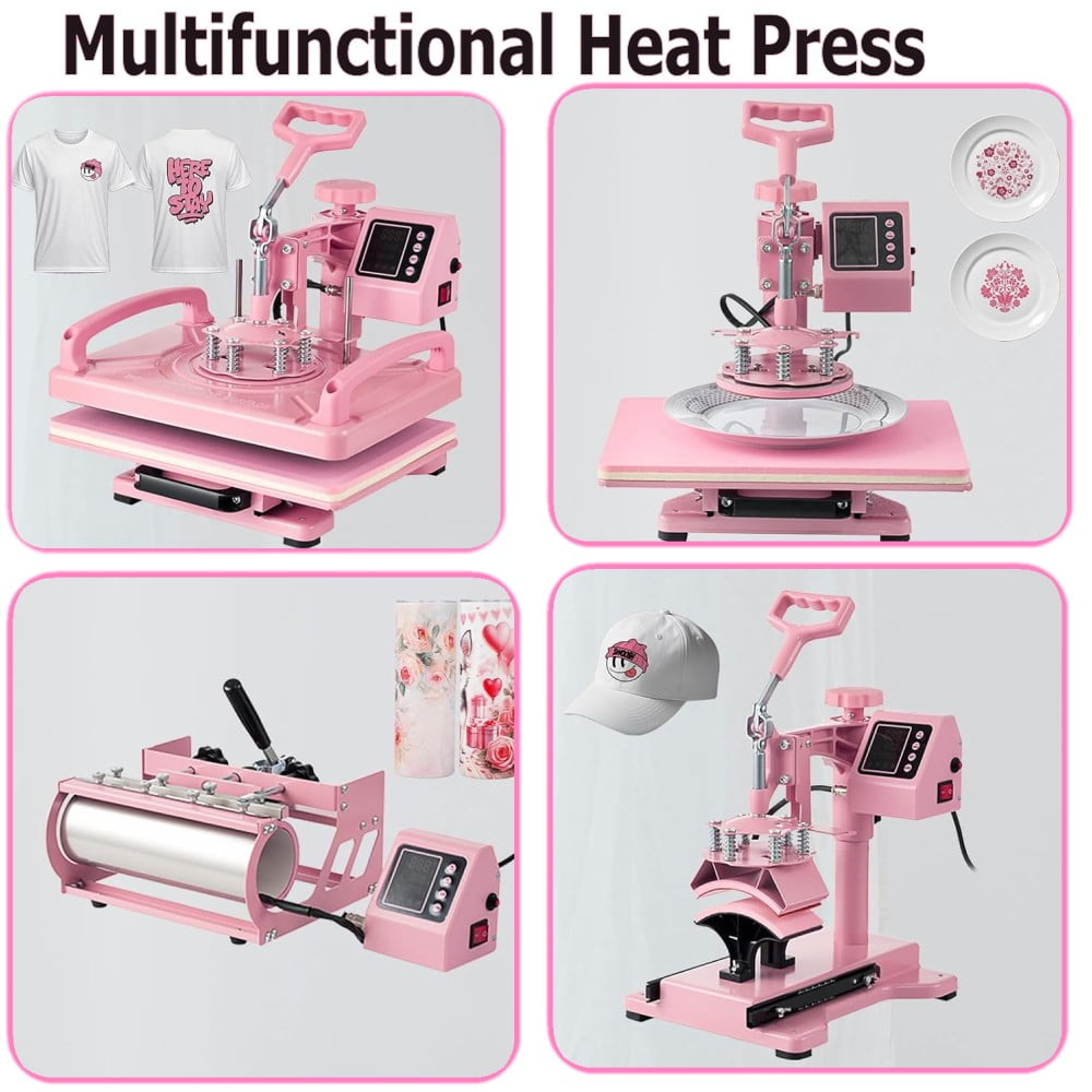 SHZOND 15x12 Inch Heat Press, 8 in 1 Heat Press Machine with 30 OZ Tumbler Press,Swing Away T Shirt Pressing Machine, Combo Heat Press Machine Sublimation for T-Shirt Hat Cap Mug Plate Tumbler （Pink）