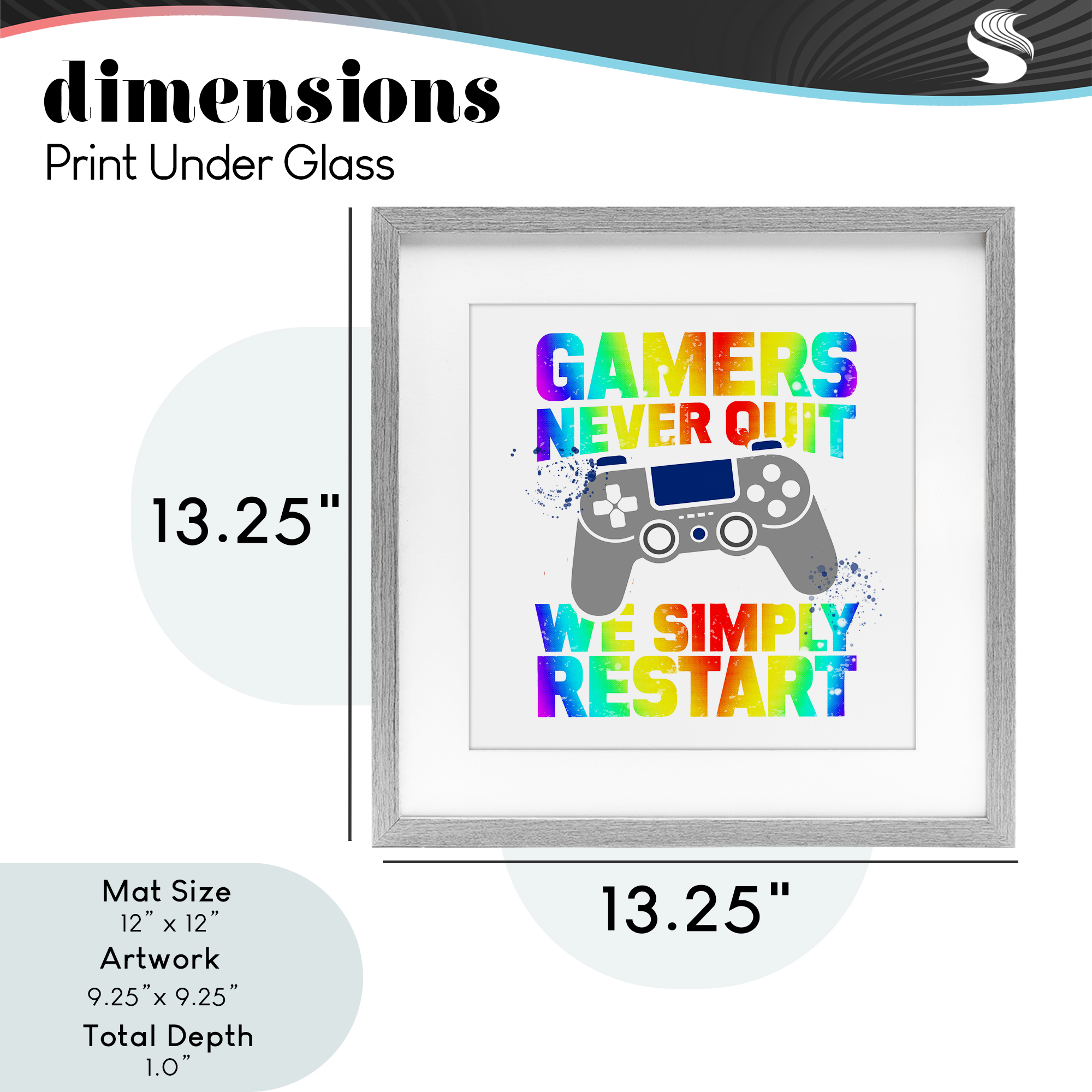 Rainbow Gamers Never Quit Gray Framed Print Under Glass, design by Kim Allen