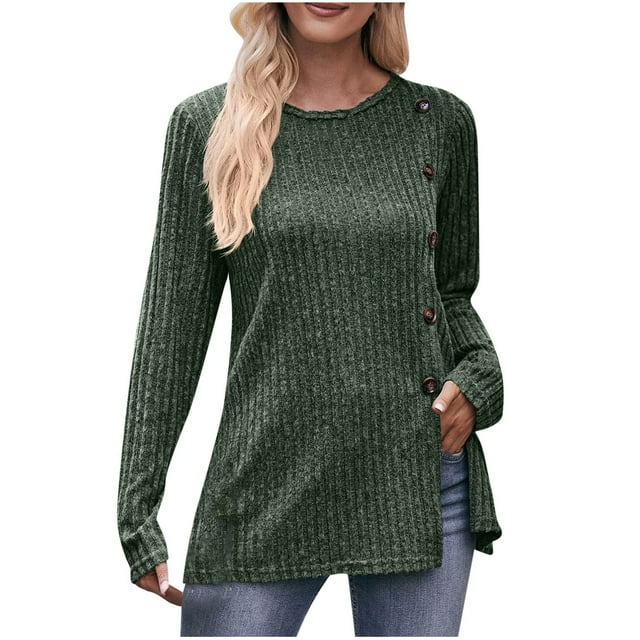 Pisexur Womens Casual Asymmetrical Sweater Solid Color Long Sleeve Ribbed Knit Sweater Crew Neck Button Front Pullover