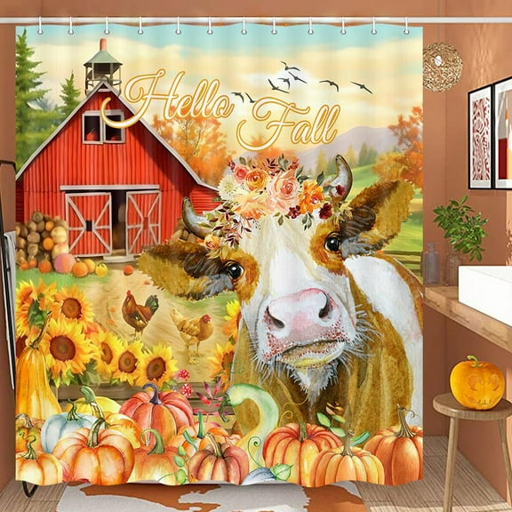 Fall Farm Cow Shower Curtain for Bathroom, Autumn Thanksgiving Barn Animal Decor Bath Curtains, Pumpkin Harvest Farmhouse Shower Curtain Set with Hooks 69X72IN