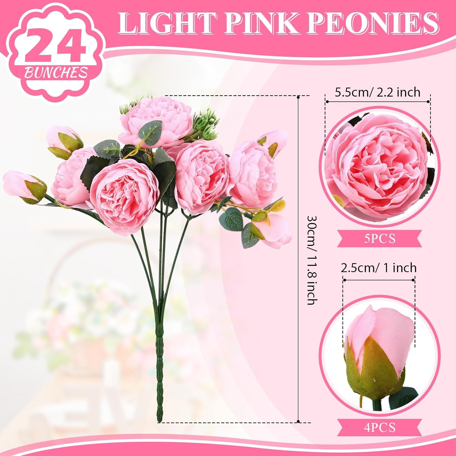 24 Bundles Artificial Peonies Flowers Wedding Faux Flowers Silk Peony Bouquet Bulk Bride Fake Florals Arrangements for Table Centerpieces Wedding ​Party Vase Decor (Light Pink)