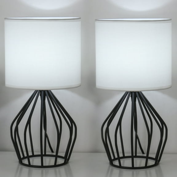Bohemian lamp-bedside table lamp with black metal hollow base and fabric lampshade, small bedside lamp for bedroom study living room office, modern farmhouse lamp 2-piece set