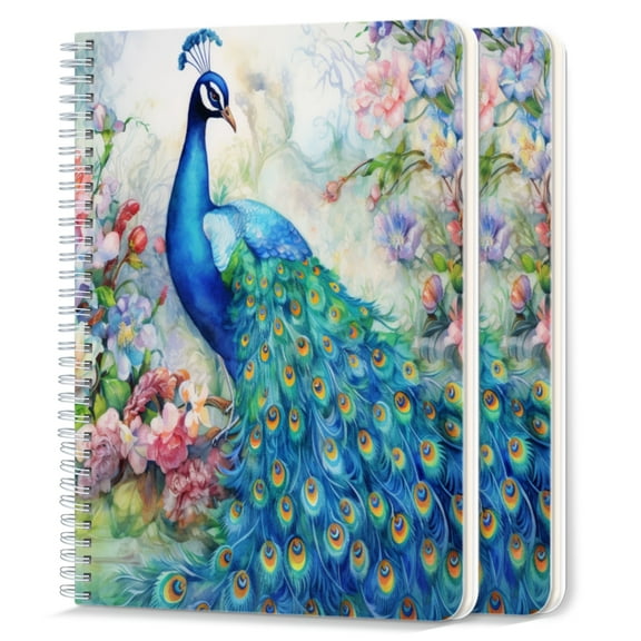 Spiral Notebook,College Ruled Journal,8.26" x 5.71" 50 Sheets/100 Pages,2 Pack - Watercolor Painting of Peacock With Beautiful Blue Feathers