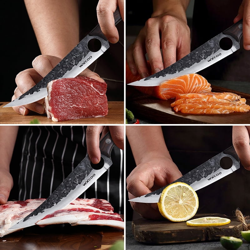 Hand Forged Boning Knife with Brown Wood Handle, High Carbon Steel Butcher Knife with Leather Sheath, Ultra Sharp Full Tang Meat Cleaver for Kitchen & Outdoor Use