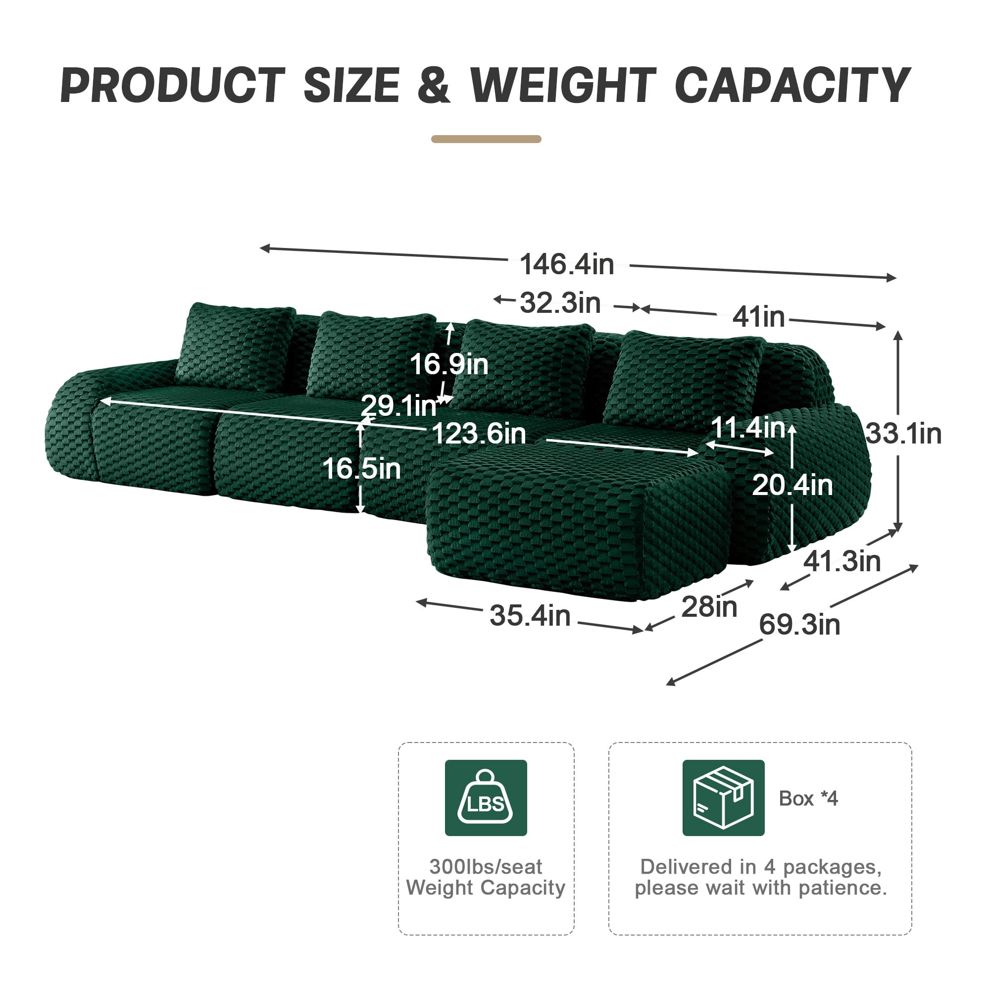 Aukfa Oversized Modular Sofa 4 Seat Couch with Ottoman, 4 Pillows, No Assembly, Flannel, Green