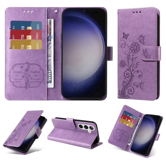 For Samsung Galaxy S20 Case Wallet, Stylish Flower Butterfly Embossed PU Leather Flip Cover Stand Shockproof Cards Slots Hand Wrist Phone Case for Samsung Galaxy S20, Purple