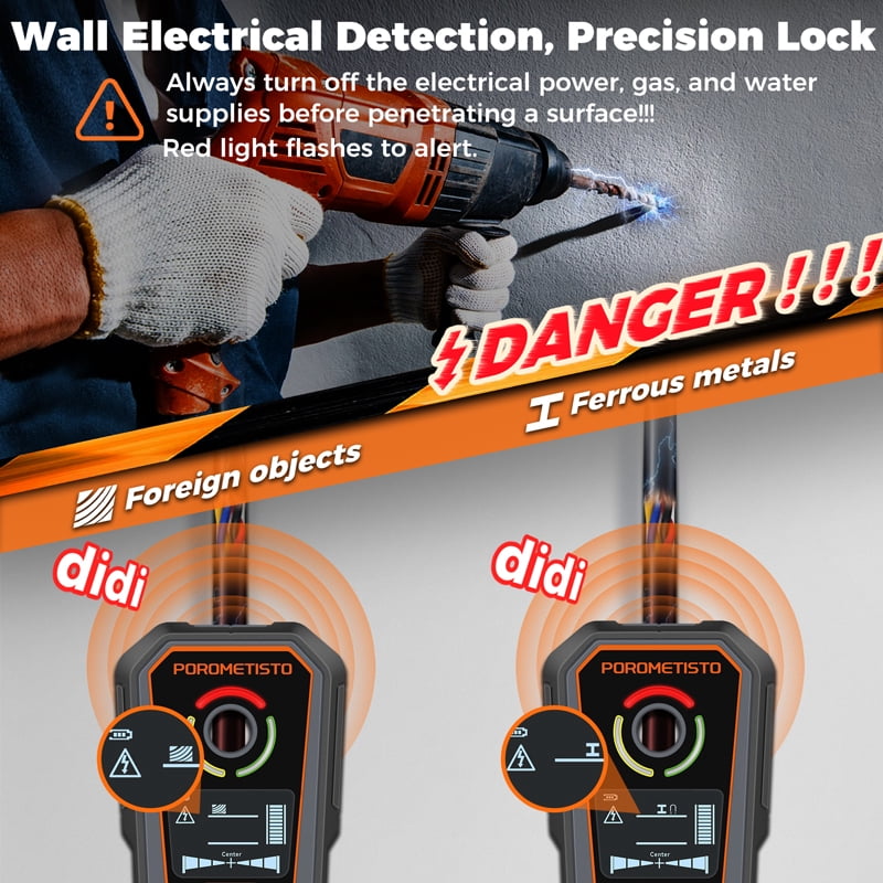 POROMETISTO DSF02 6-in-1 Stud Finders, Wire Family Finder with Light and Line Guidance, Type-C Charging, for AC Wiring, Wood, Metal, and Pipes, with Precision/Depth Mode