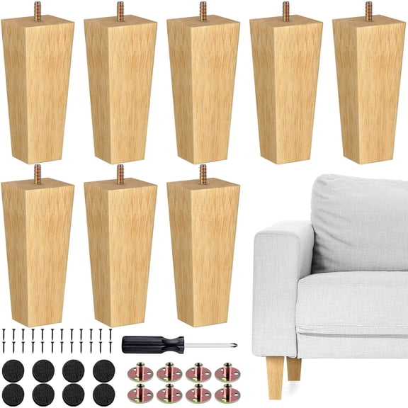 8Pcs 6 Inch Square Solid Wood Furniture Legs, Nature Mid Century Modern Replacement Couch Legs with Installation Hardware for Sofa Armchair Bed Dresser Cabinet
