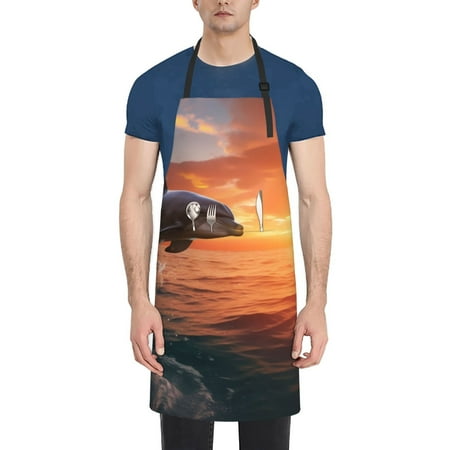 

Xecao Sunset Dancing Dolphin B Print Kitchen Cooking Aprons Waterproof Adjustable Bib Aprons with 2 Pockets for Women Men Chef