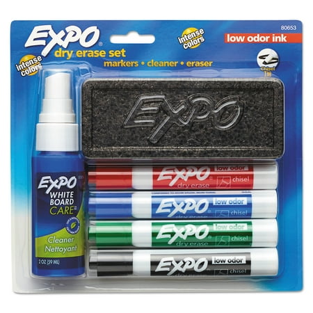EXPO Dry Erase Marker Starter Set, Chisel Tip, Assorted, Whiteboard Eraser, Cleaning Spray, 6