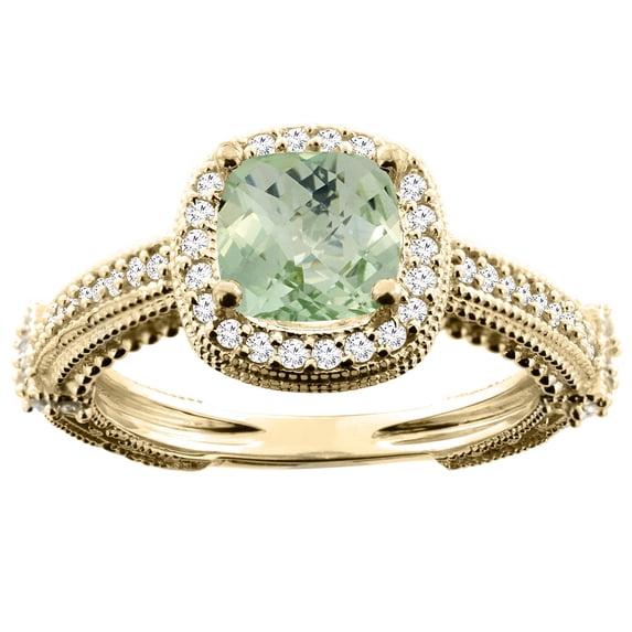 14K Yellow Gold Natural Green Amethyst Ring Cushion 7x7mm Diamond Accent, size 8