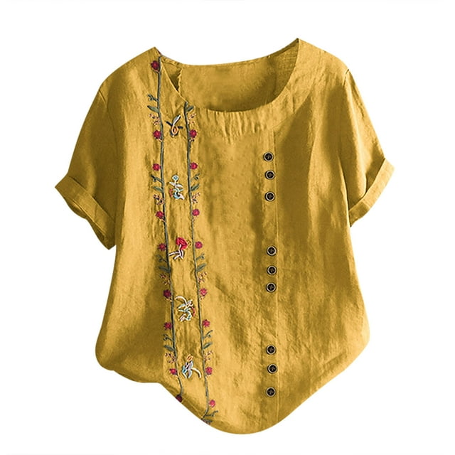 Hauts d'Été pour Femmes Décontractés et Imprimés Fleurs Blouse à Manches Courtes Col Rond T-Shirts pour Femmes Jaune S