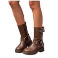 thumbnail image 7 of Womens Biker Motorcycle Mid Calf Boots Square Toe Low Heel Thick Sole Riding Boots with Fashion Buckles Studded, 7 of 7
