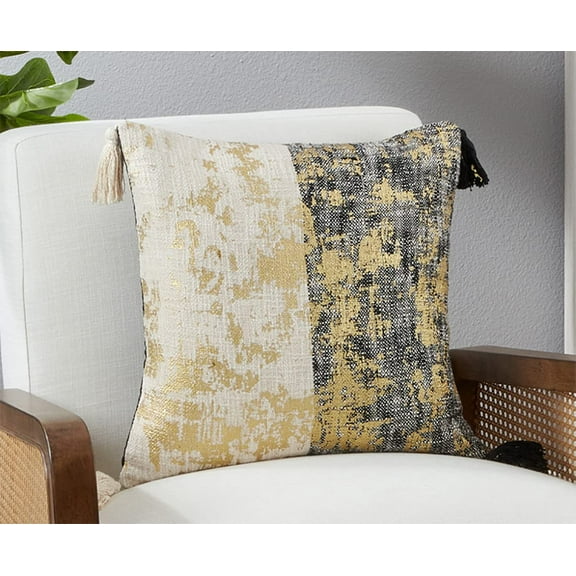 Fennco Styles Two-Tone Foil Print Tassel Cotton Decorative Throw Pillow Cover 20" W x 20" L - Black & White Metallic Cushion Case for Couch, Living Room, Bedroom, Office Décor and Special Occasion