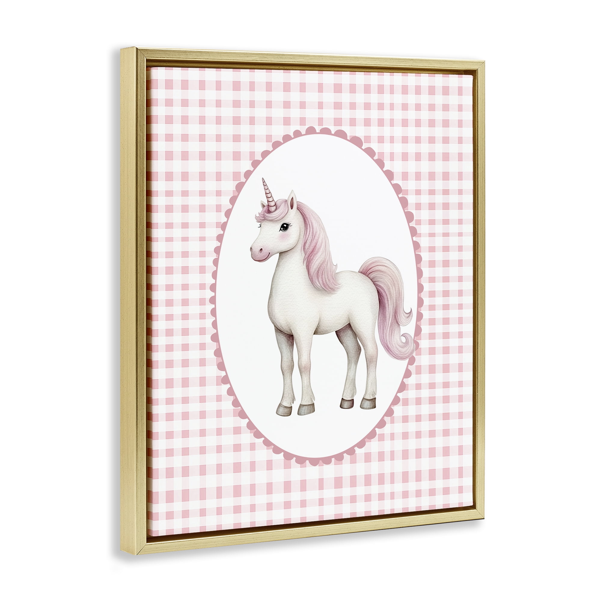 Stupell Industries Pink Gingham Unicorn Gold Framed Floater Canvas Wall Art, design by Christine Simpson Art