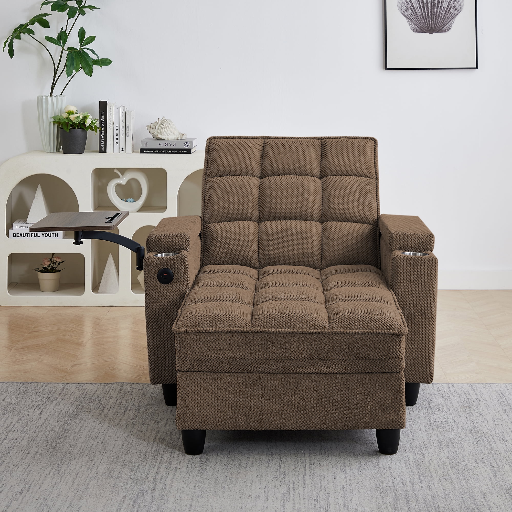 Gewnee 3-in-1 Convertible Sleeper Chair, Pull Out Single Sofa Bed with Adjustable Backrest, 360° Swivel Side Table, USB Charging Ports & Cup Holders, Ideal for Dorms & Offices, Coffee