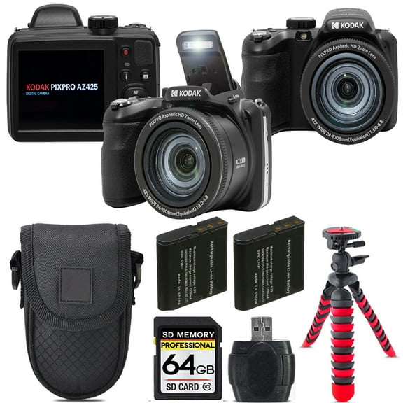 Kodak PIXPRO AZ425 Digital Camera (Black) Extra Battery Tripod Case -64GB Kit