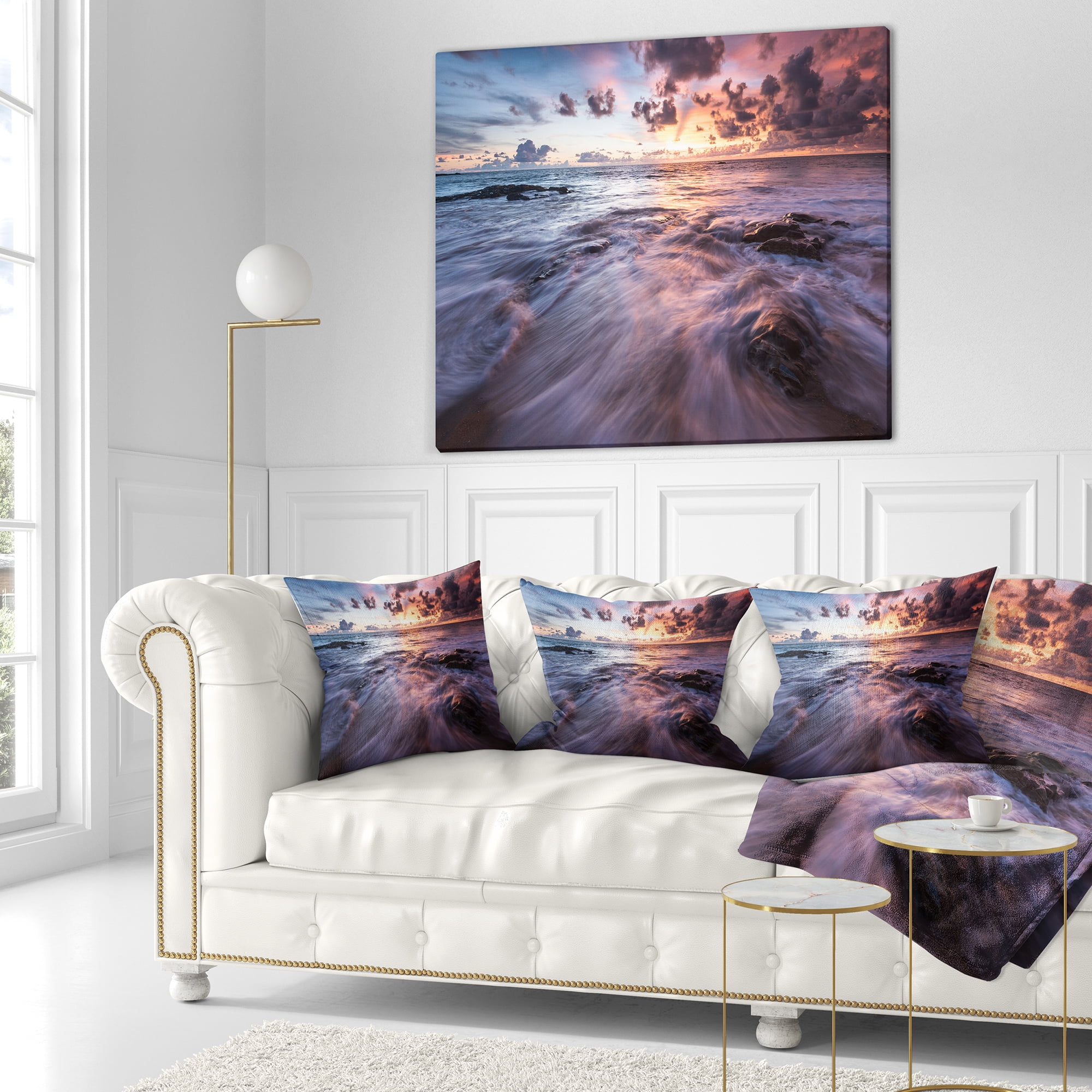 Designart Waves Hitting Rocky Beach - Beach Photo Throw Pillow - 18x18