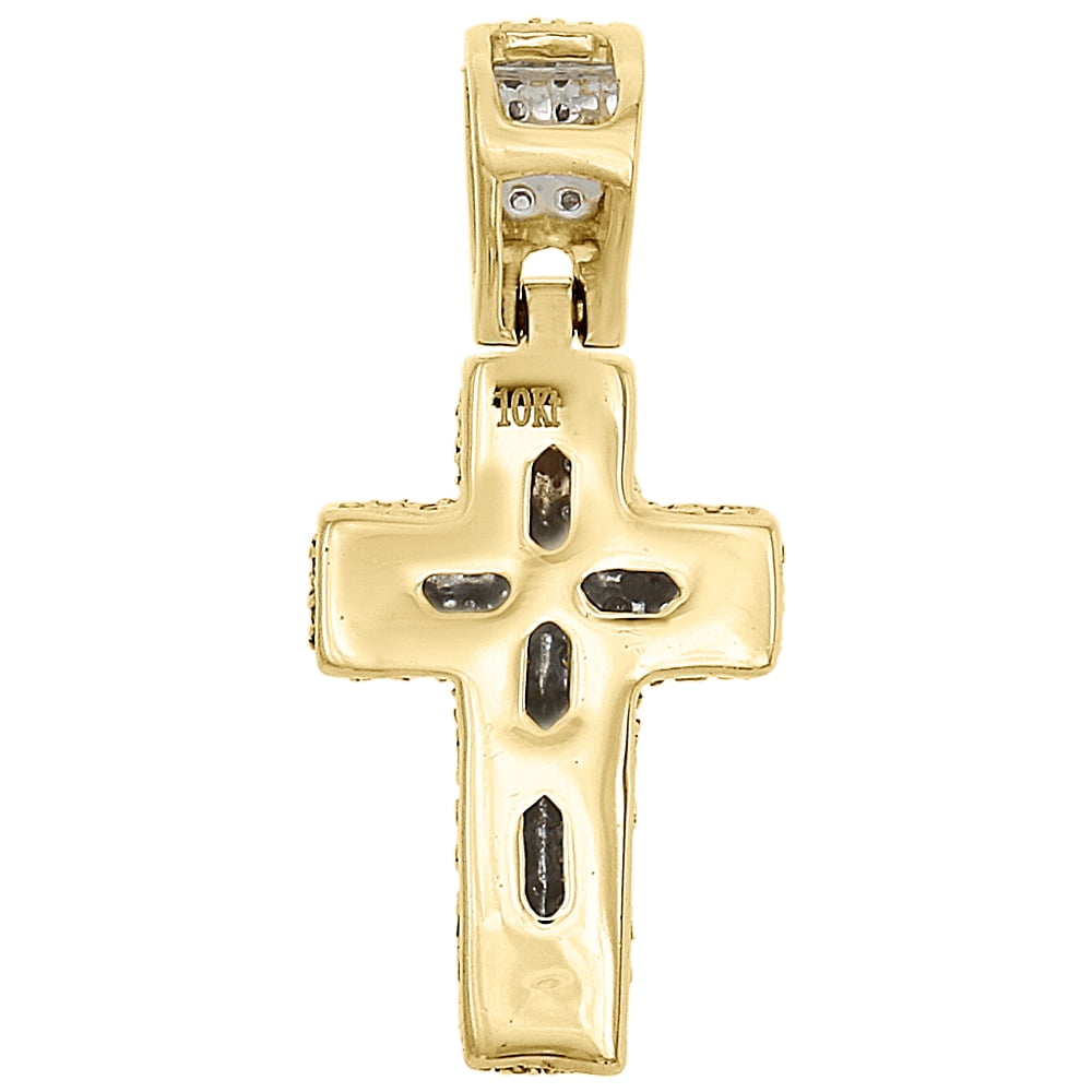 10K Yellow Gold Real Diamond 3D Puff Dome Cross Pendant 1" Pave Charm 0.30 CT.