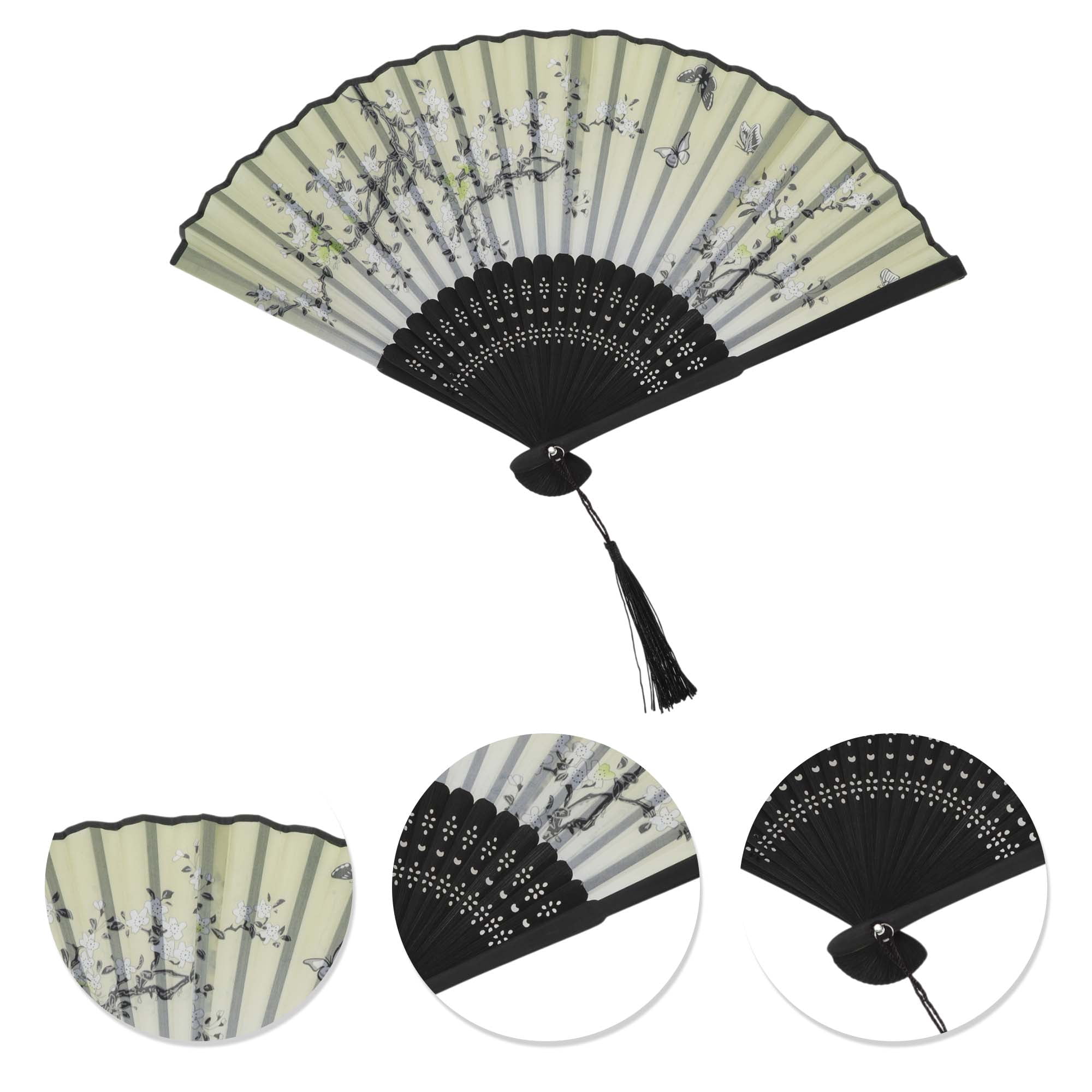Unique Bargains Ancient Style Folding Fan 1Pc Green [Elegant Falling Pear Blossoms Print]