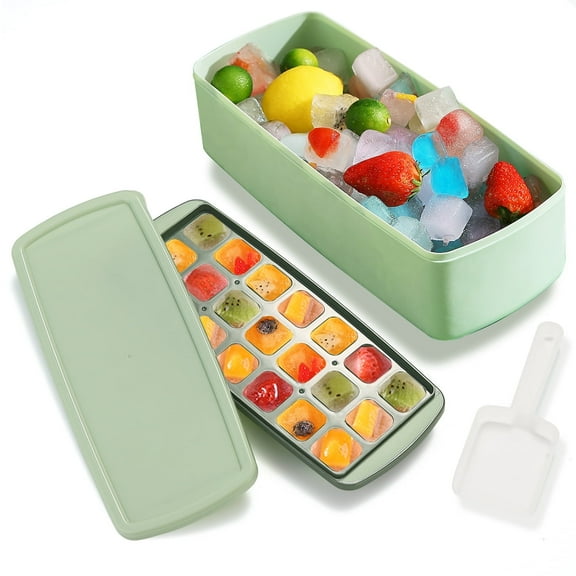 ReaNea Silicone Bottom Ice Cube Trays for Freezer with Ice Storage Box, Ice Scoop and Ice Cube Mold (Green)