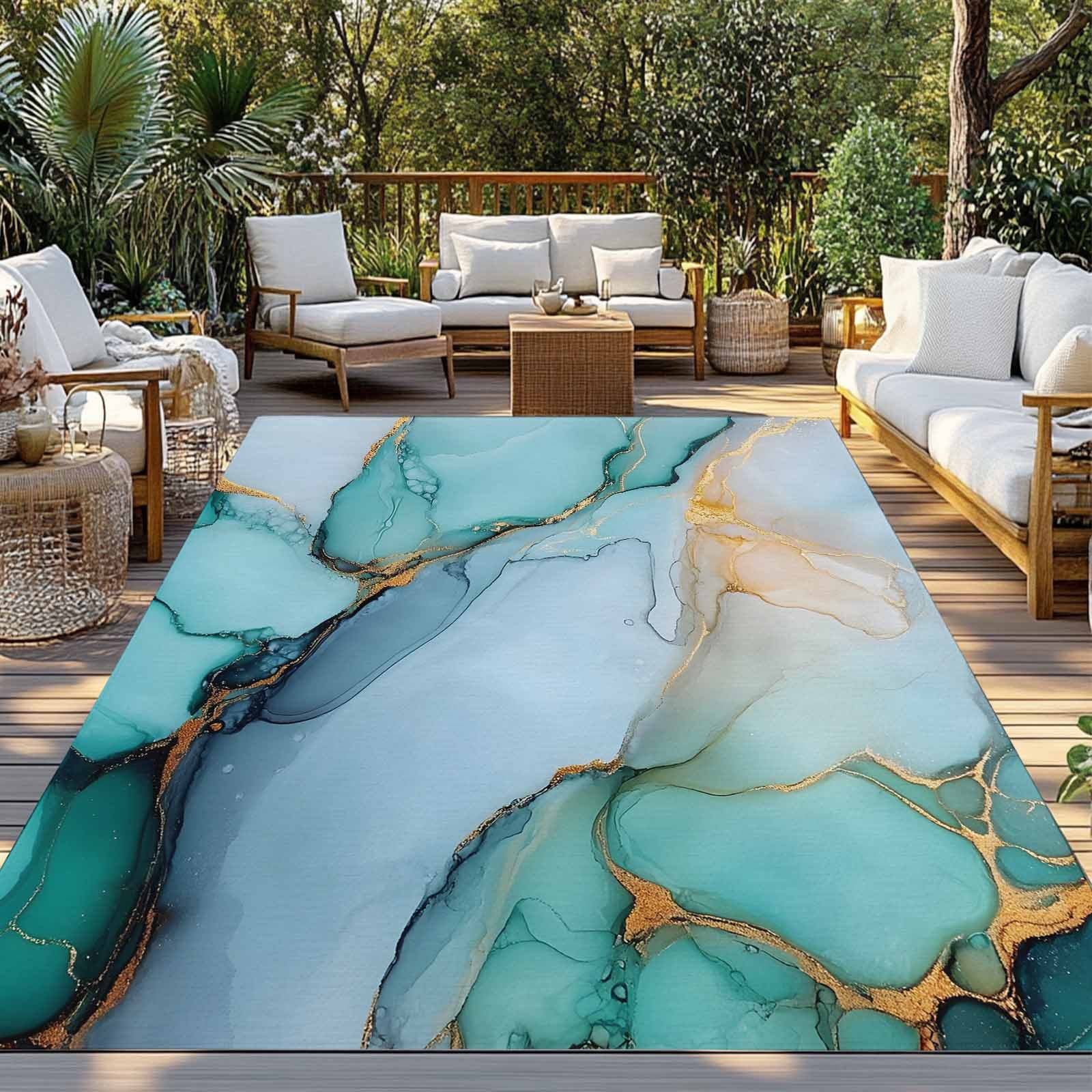 5' x 8' Outdoor Rug, Turquoise Marble Outdoor Washable Rug Large Floor Carpet, Farmhouse Abstract Ombre Texture Non Shedding Area Rug for Outside Patio RV Porch Deck Balcony Camping Living Room