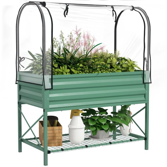 Raised Garden Bed with Greenhouse Cover, Metal Elevated Planter Box with Bottom Shelf and Liner for Vegetables, Green, 41 x 20.5 x 30 in