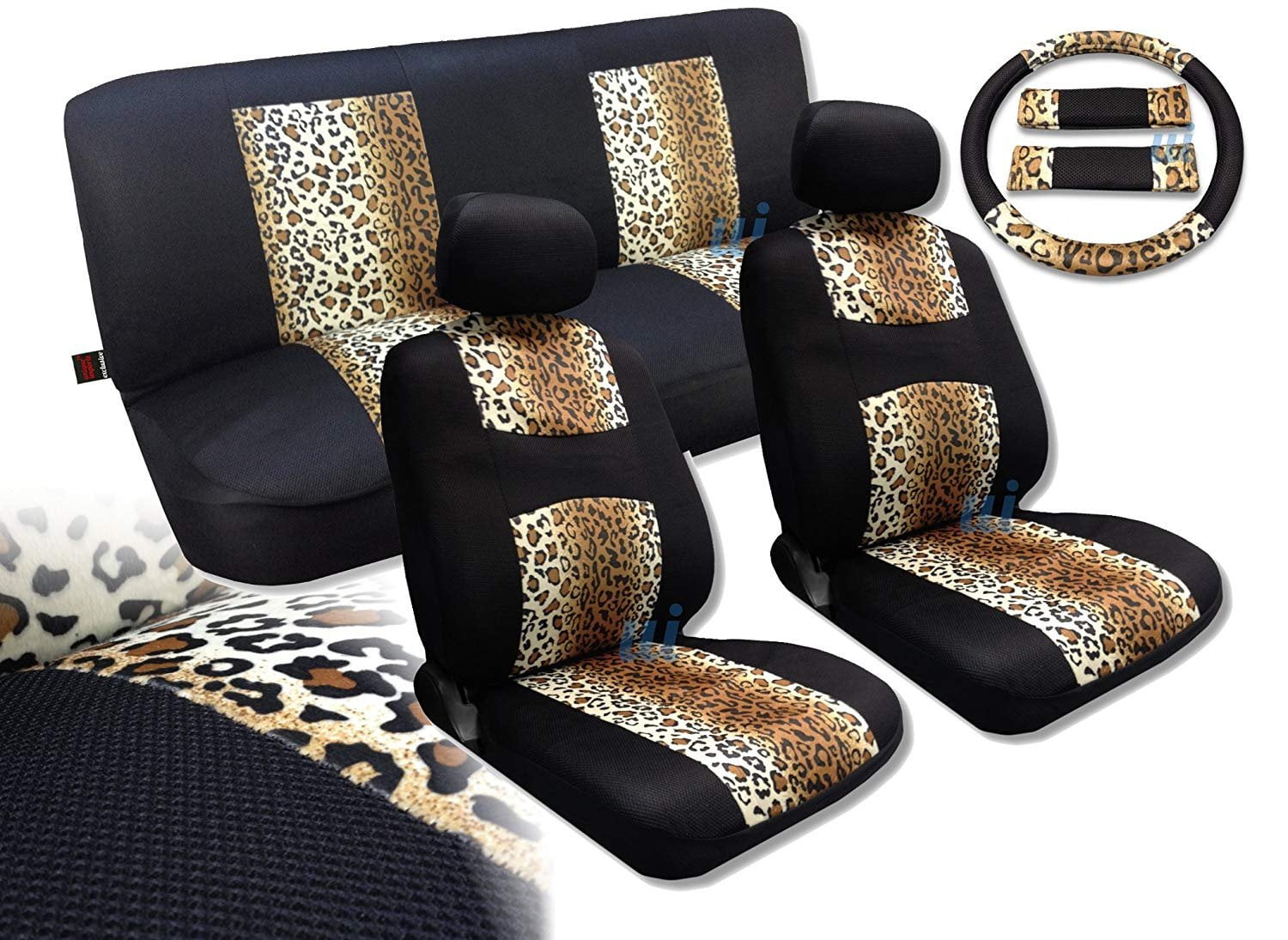 Leopard on Black Knit Mesh Animal Accent Sedan Seat Covers Spotted