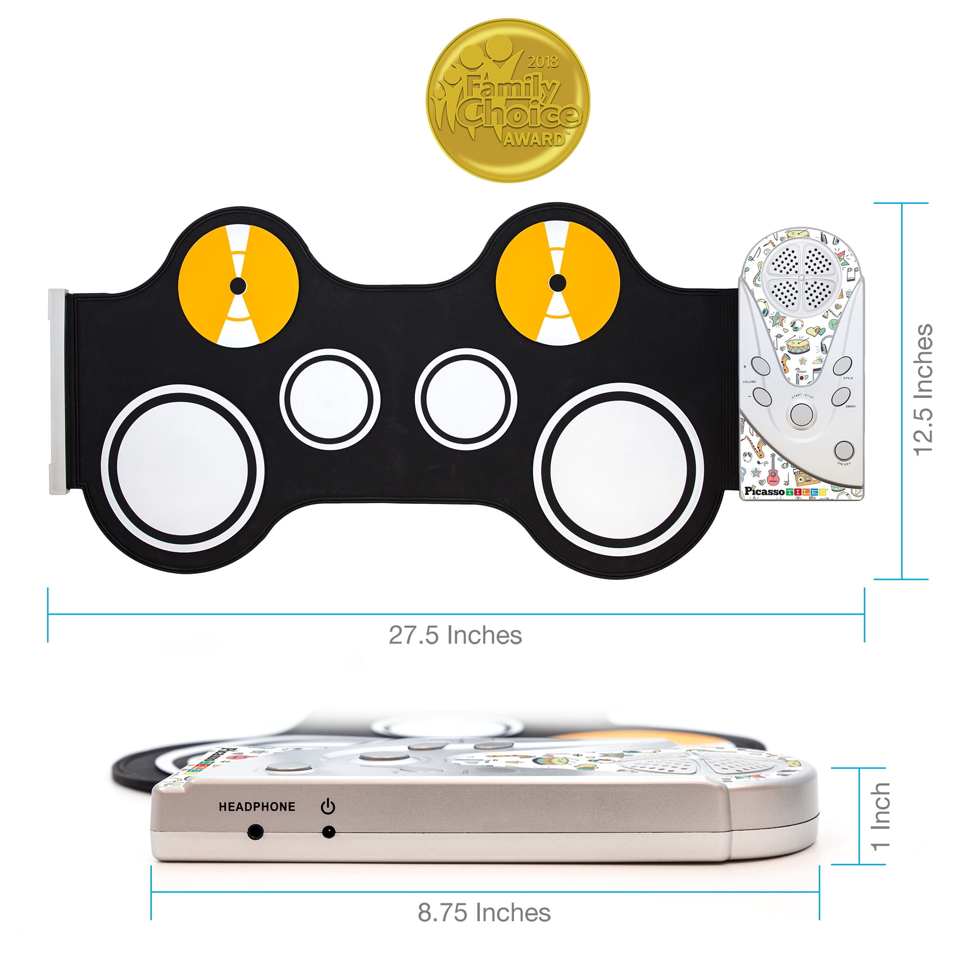 PicassoTiles Electronic Roll-up Drum Kit for Kids, Digital Music Toy with Built-In Speaker, Recording Feature, Educational STEM Music Playset