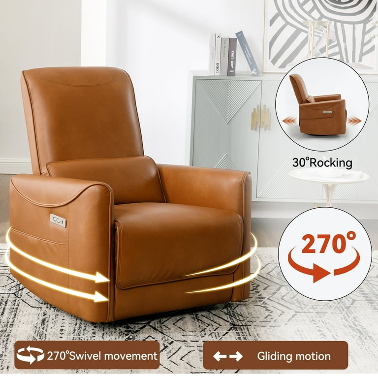 Yellow Brown Leatheraire Swivel and Rocker Power Recliner Chair