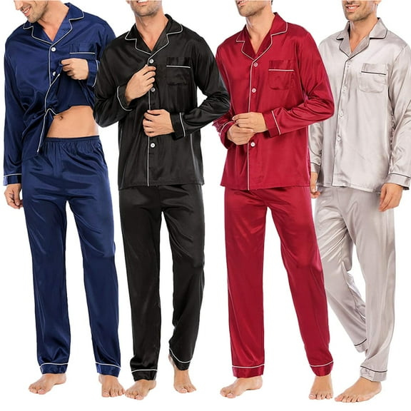Visland Men's Satin Pajamas Set Long Sleeve Suit Button Solid Color Long Sleeve Suit 2 Piece Sleepwear